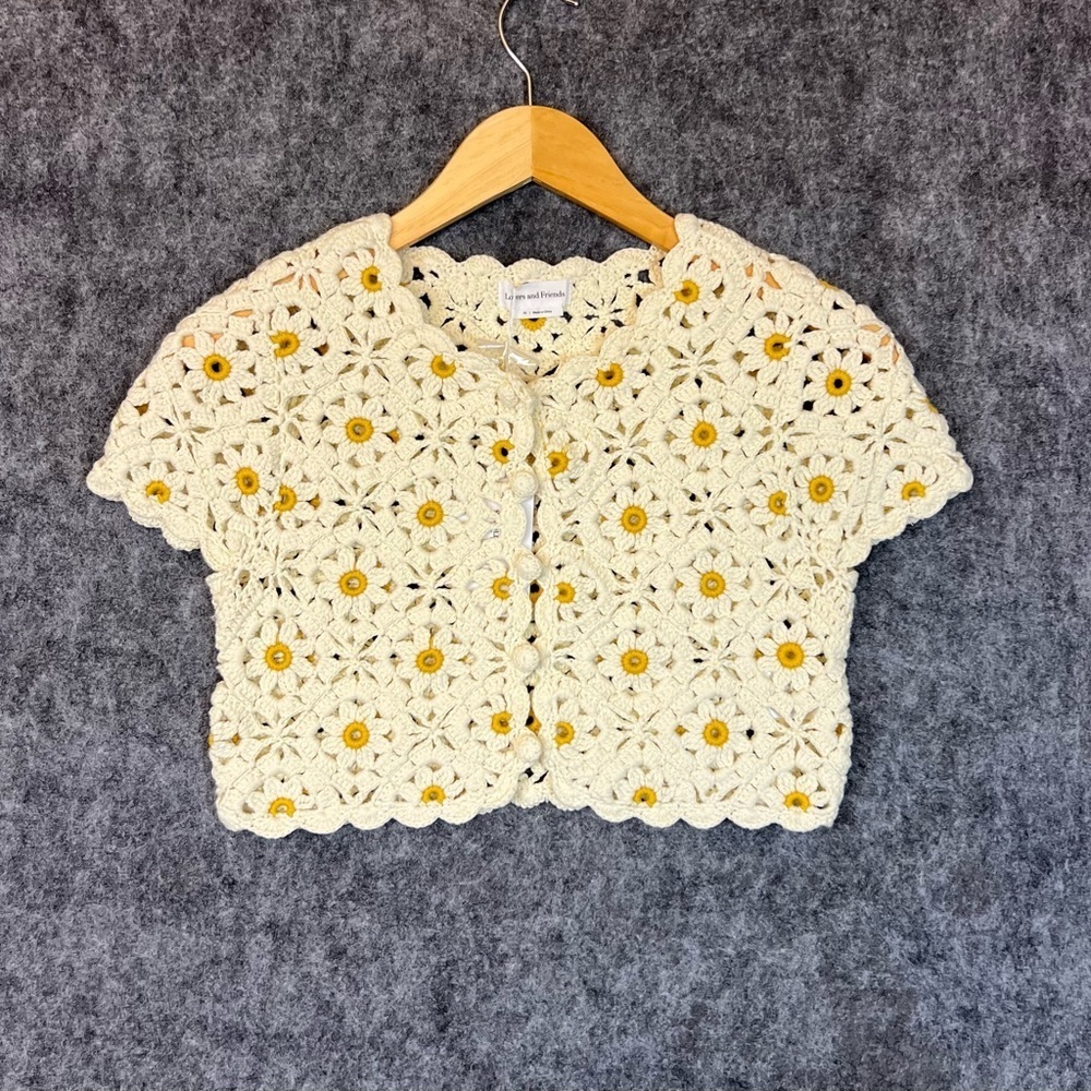 Lovers And Friends Delilah  White And Yellow Wildflower Crochet Cardigan  XS NWT